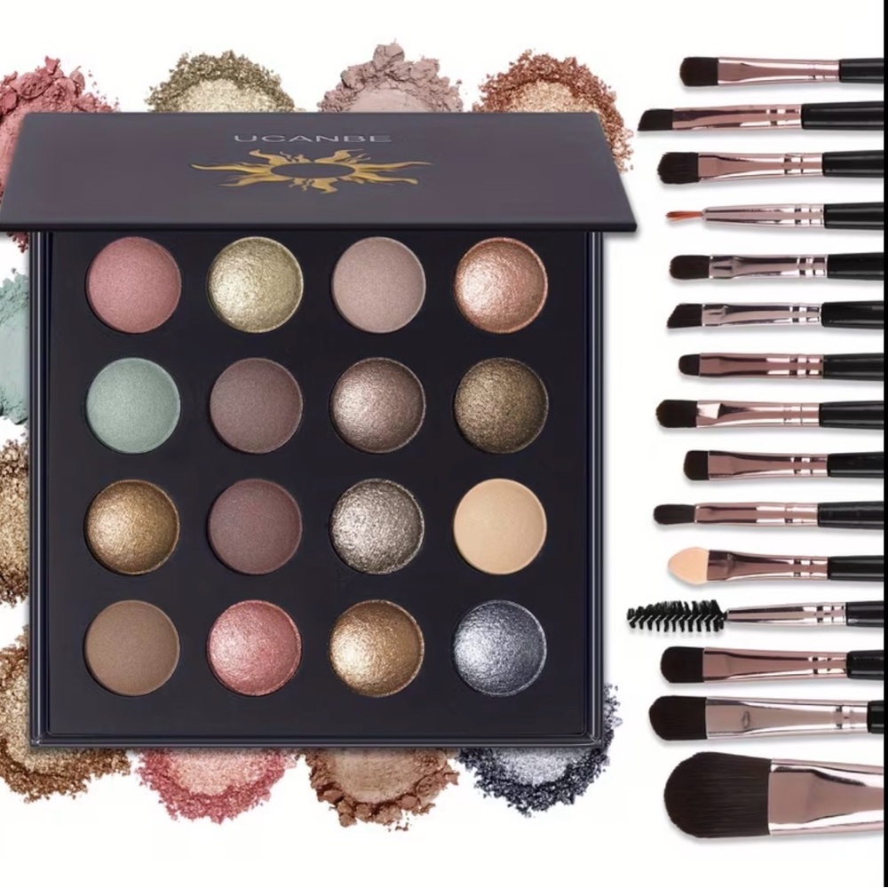 UCANBE 16 Color Baked Eyeshadow Palette with 15 Piece Brush Set